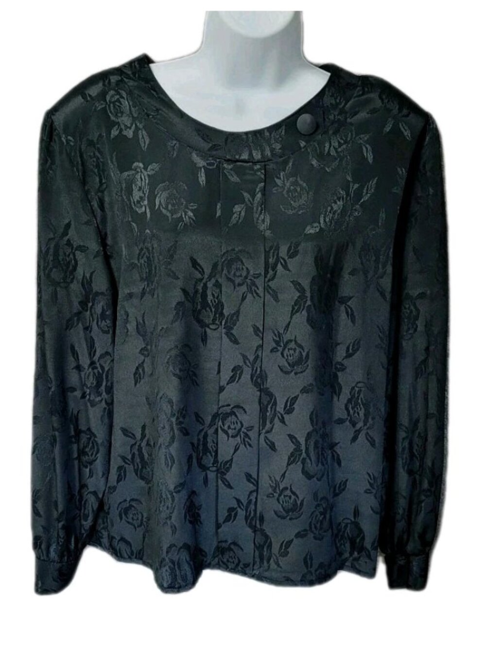 Vintage 80s Black Sateen Blouse 16 Elegant Mob Wife Rose Textured Big‎ Shoulder